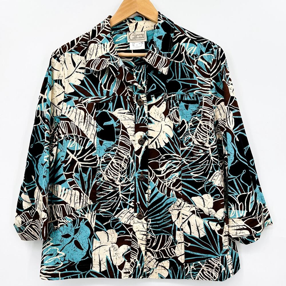 Vintage Company Collection Tropical Palm Jacket Womens Size 12 Brown Aqua Blue